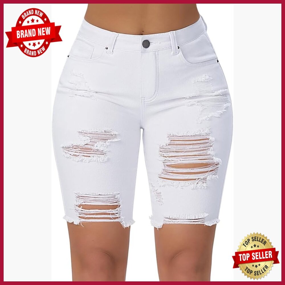 Stretchy High Waist Ripped Denim Bermuda Shorts Knee Length